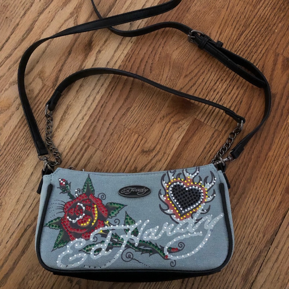 Ed Hardy Denim Rhinestone Shoulder Crossbody Baguette Purse, Rose, Heart NWOT